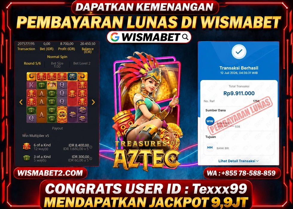 WISMABET - BUKTI KEMENANGAN Treasure of Aztec Rp9,900,000,- LUNAS